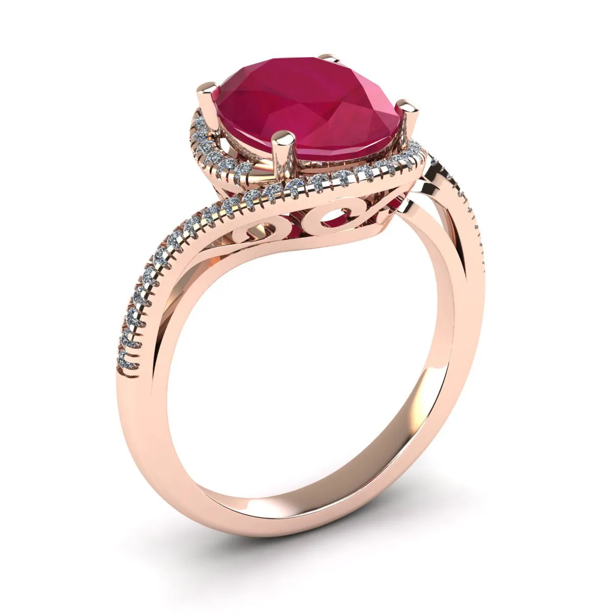 1 1/4 Carat Oval Shape Ruby And Halo Diamond Ring In 14 Karat Rose Gold