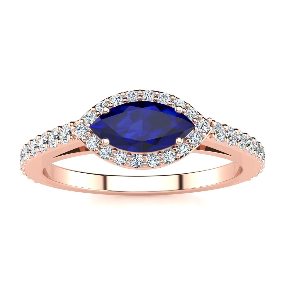 1 Carat Marquise Shape Sapphire And Halo Diamond Ring In 14 Karat Rose Gold