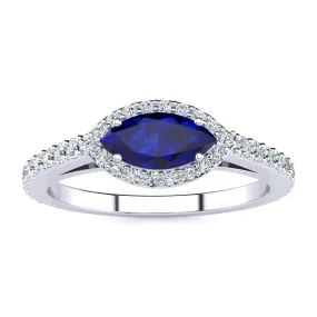 1 Carat Marquise Shape Sapphire And Halo Diamond Ring In 14 Karat White Gold