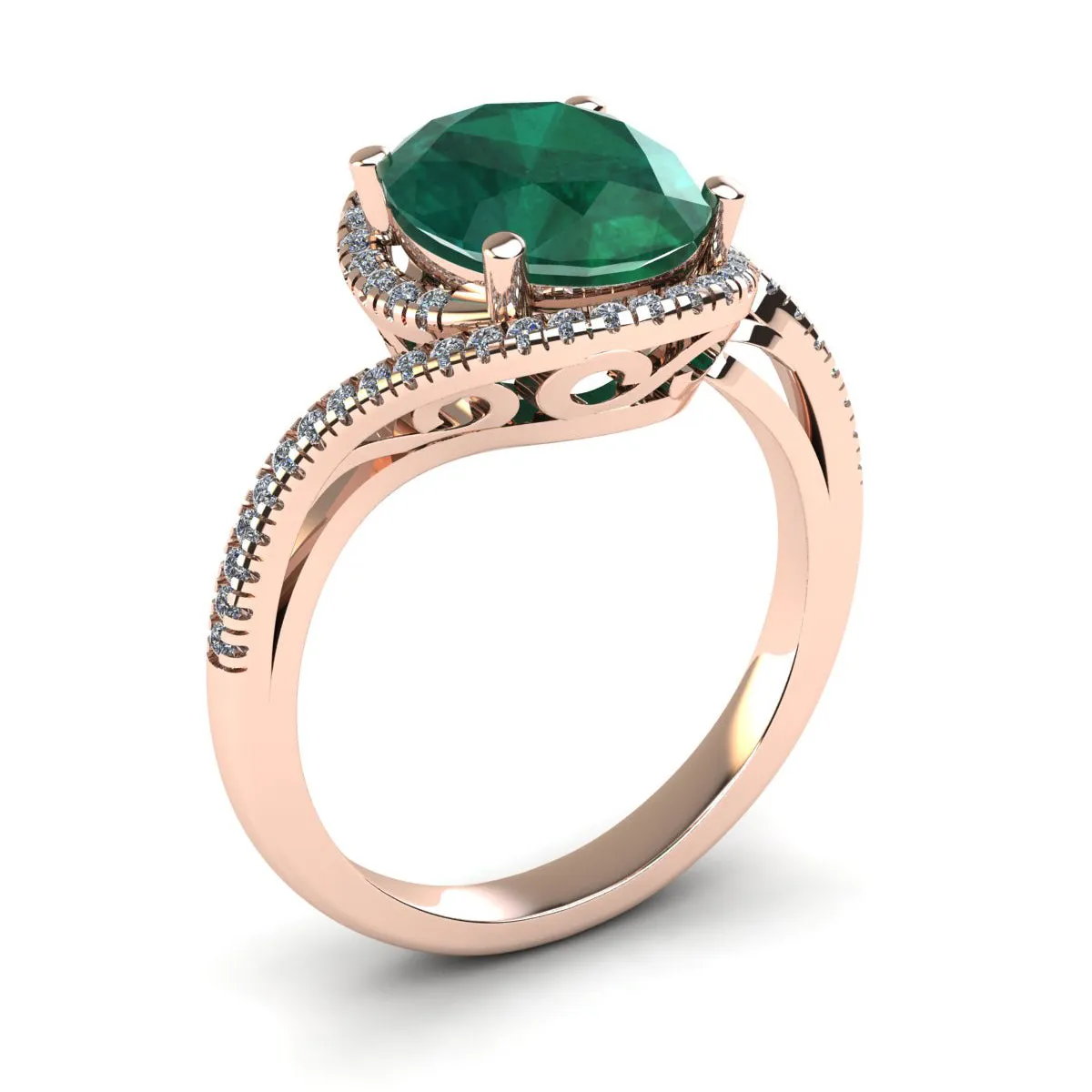 1 Carat Oval Shape Emerald And Halo Diamond Ring In 14 Karat Rose Gold