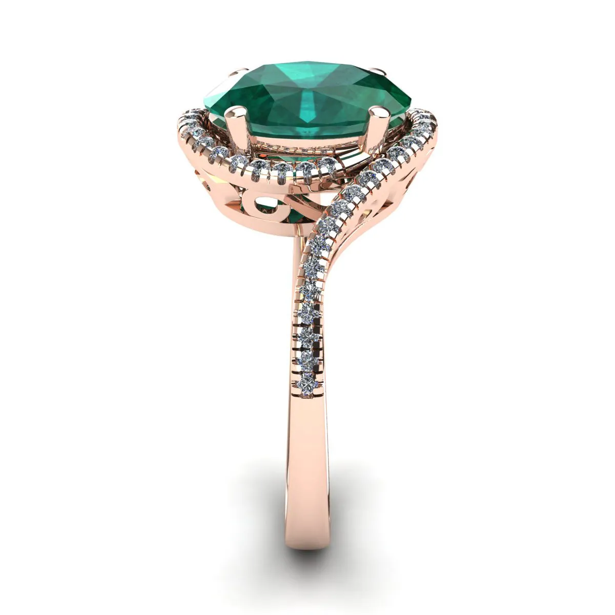 1 Carat Oval Shape Emerald And Halo Diamond Ring In 14 Karat Rose Gold