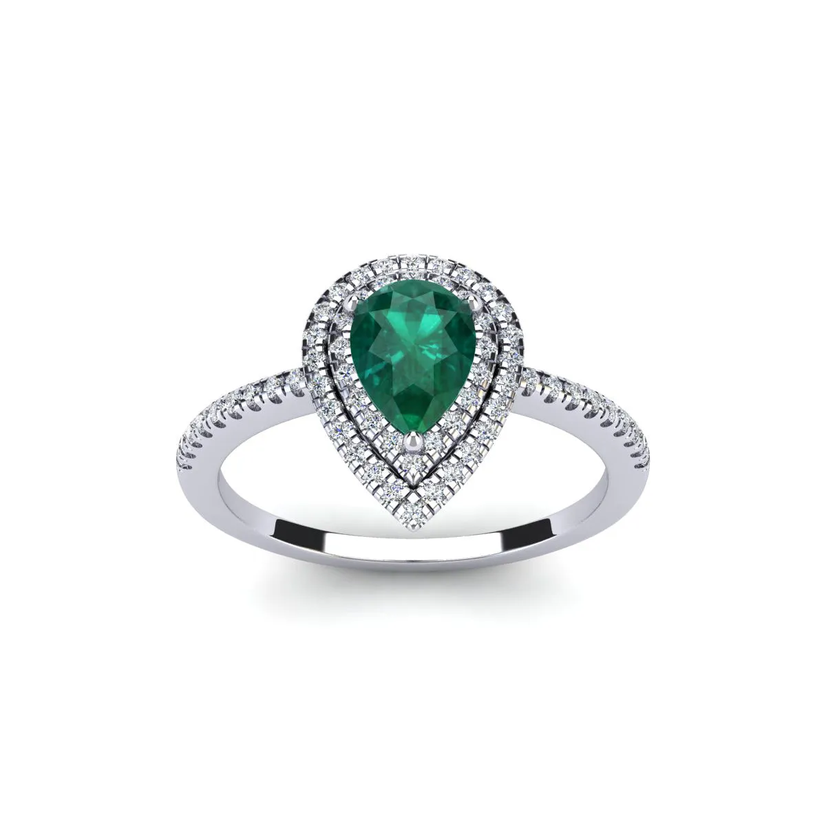 1 Carat Pear Shape Emerald And Double Halo Diamond Ring In 14 Karat White Gold