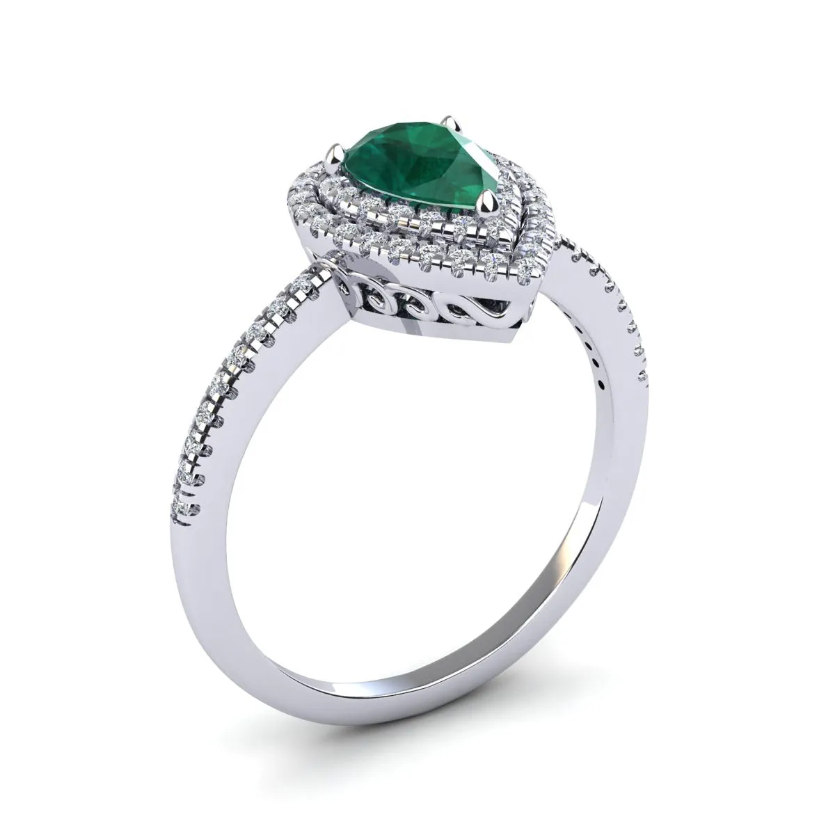 1 Carat Pear Shape Emerald And Double Halo Diamond Ring In 14 Karat White Gold