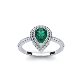 1 Carat Pear Shape Emerald And Double Halo Diamond Ring In 14 Karat White Gold