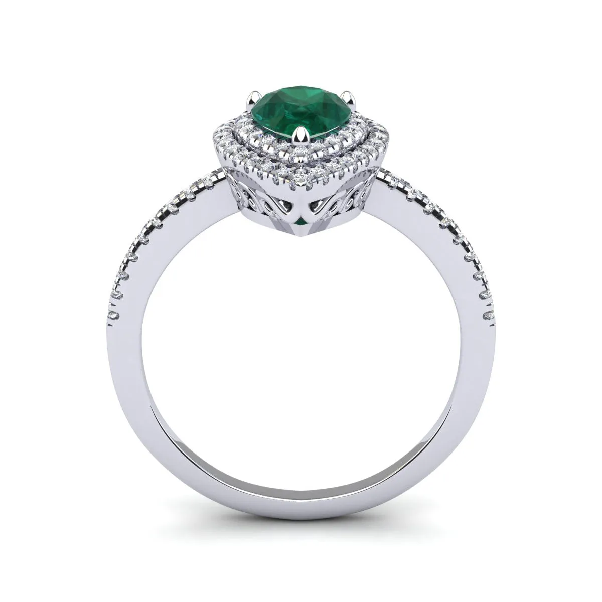 1 Carat Pear Shape Emerald And Double Halo Diamond Ring In 14 Karat White Gold