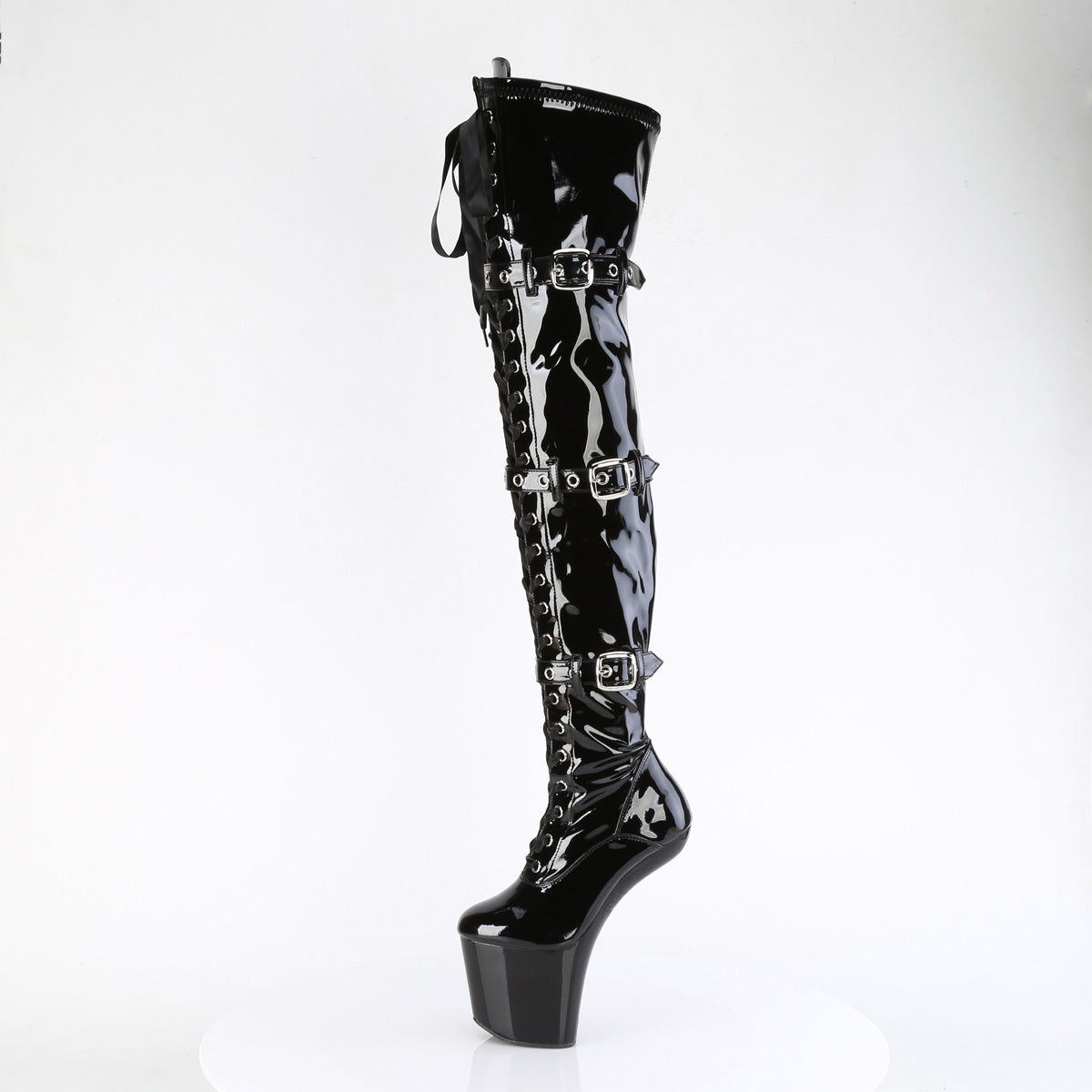 8 Inch Heelless CRAZE-3028 Black Stretch Patent