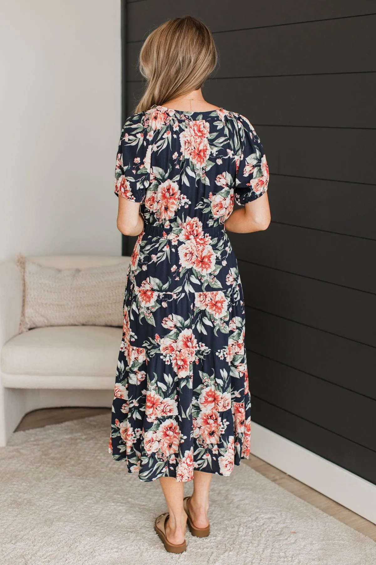 All I'm looking For Floral Midi Dress- Dark Navy