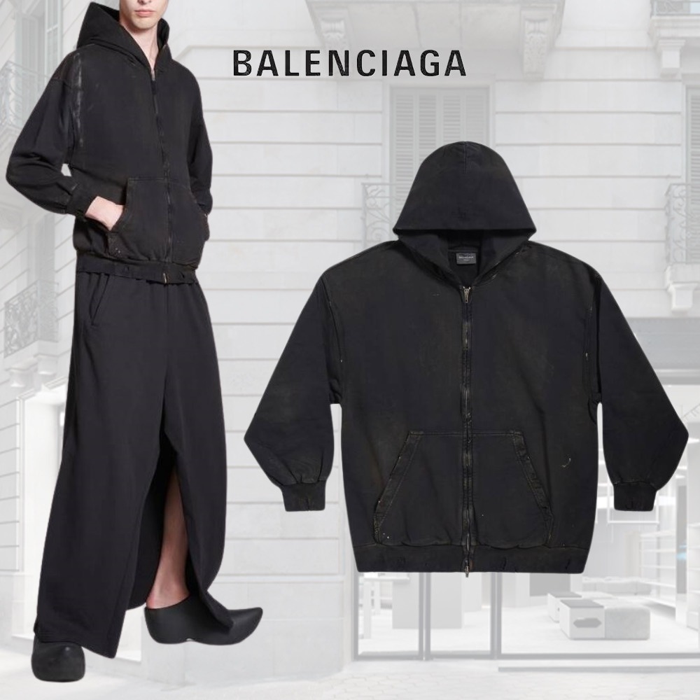 BALENCIAGA  |Balenciaga Paris Zip-up Hoodie Small Fit in Black Faded