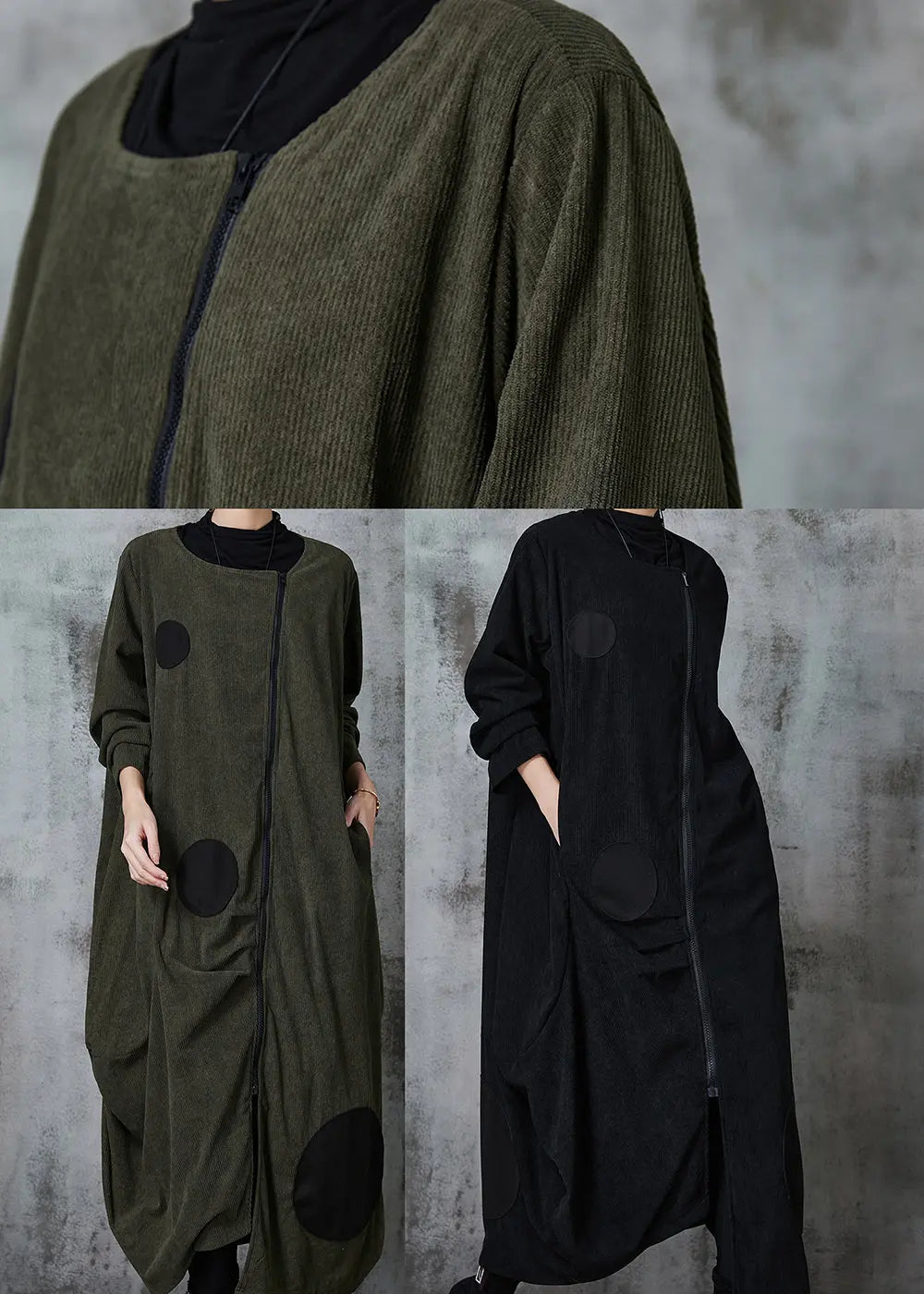 Blackish Green Dot Cotton Trench Coat Asymmetrical Spring JK1051