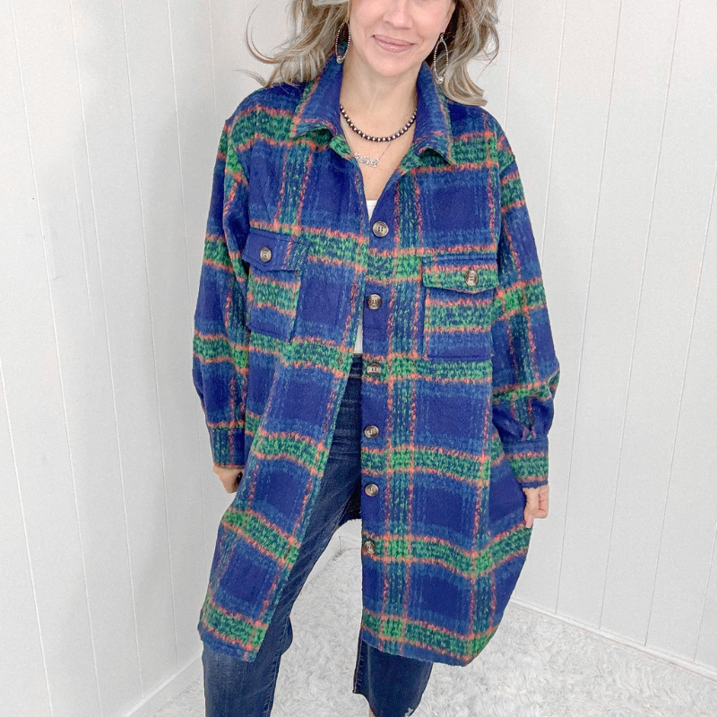 Blue Plaid Brushed Flannel Long Jacket