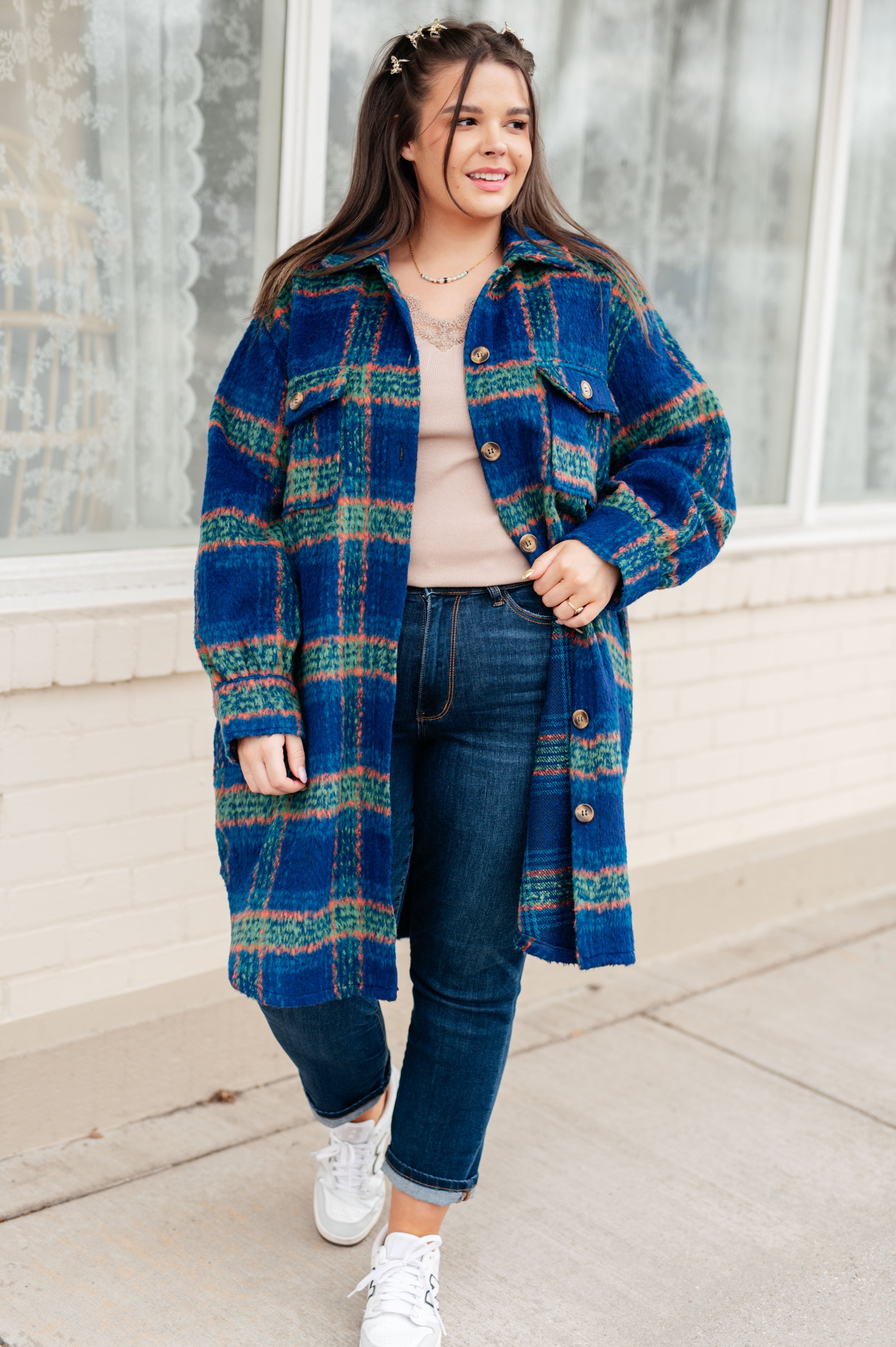 Blue Plaid Brushed Flannel Long Jacket