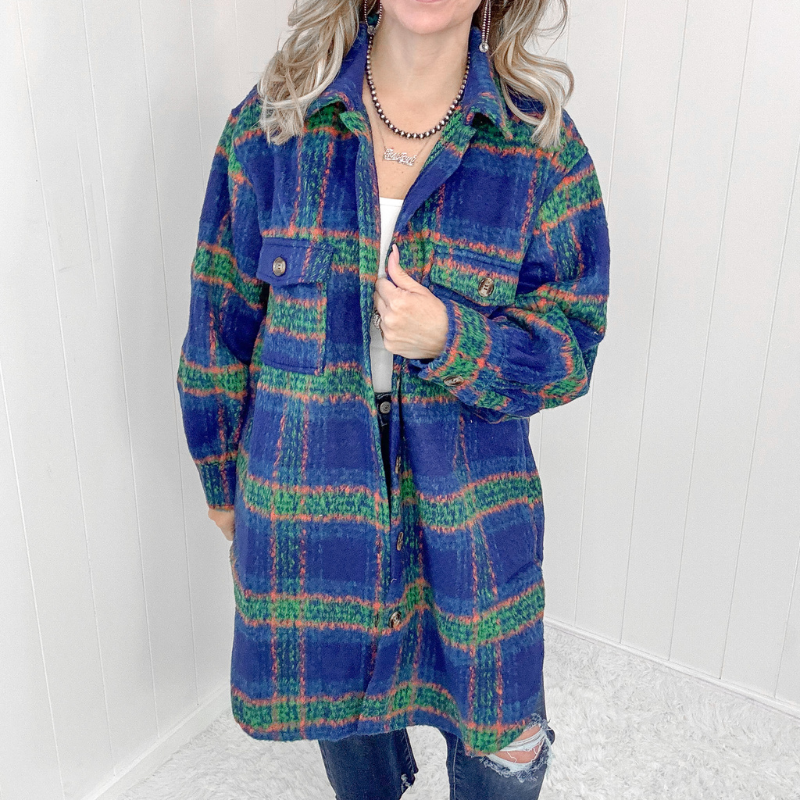 Blue Plaid Brushed Flannel Long Jacket