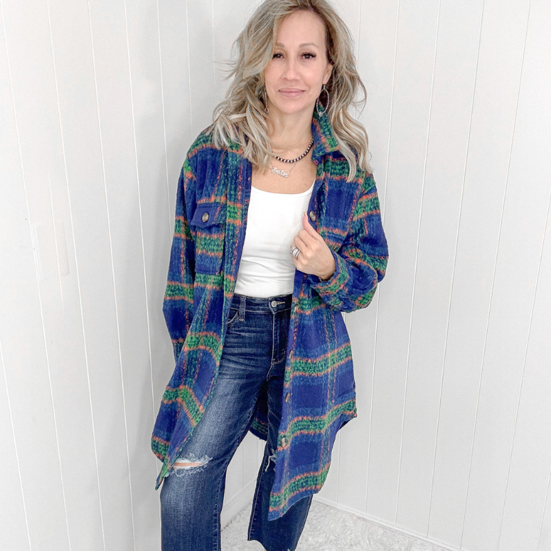 Blue Plaid Brushed Flannel Long Jacket