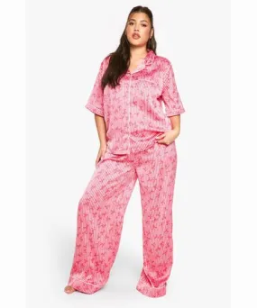 boohoo Womens Plus Bow Print Satin Button Through Shirt & Pants Pyjama Set