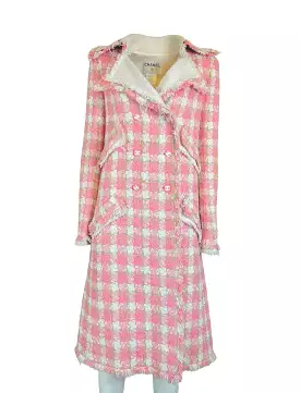 CHANEL - Long Coat tweed pink/white size 36 FR