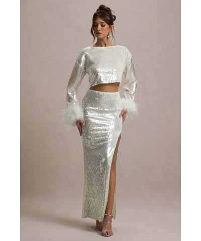 Club L London - USA Raia | Sand Sequin Split Maxi Skirt