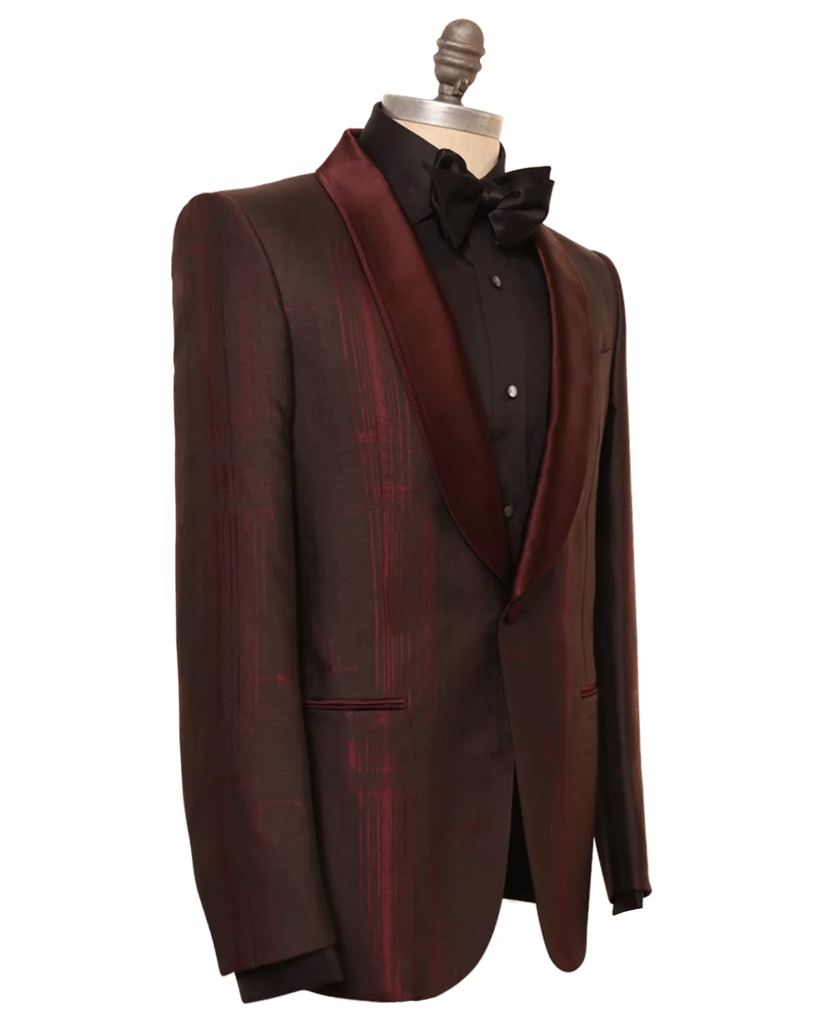 Dark Burgundy and Brown Plaid Silk and Wool Dinner Jacket