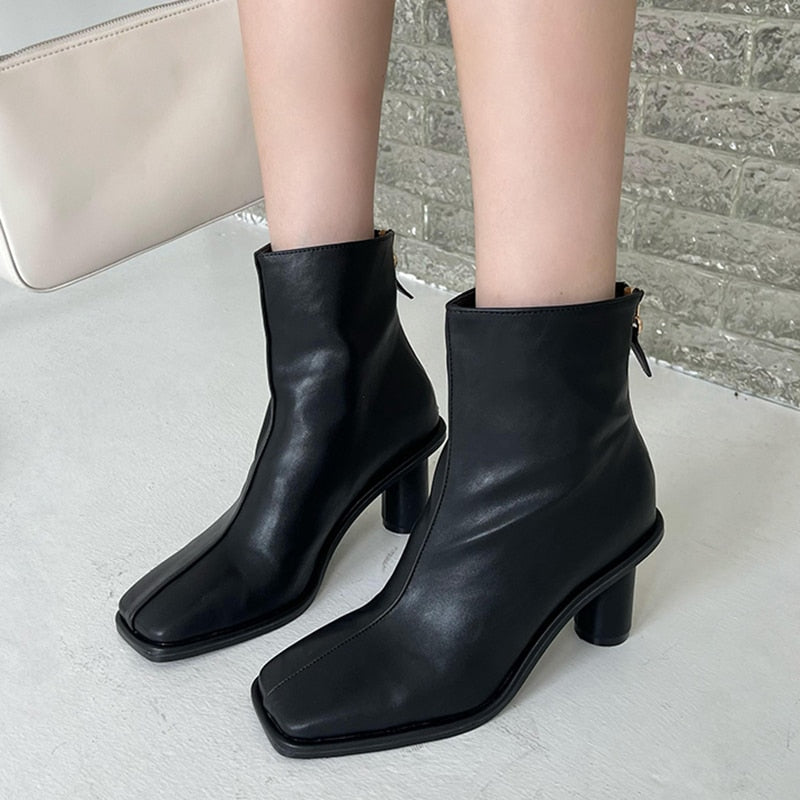 Fashion Ankle Boots Square Toe Simple Back Zipper Soft Leather Chelsea Boots Sexy Spring Autumn