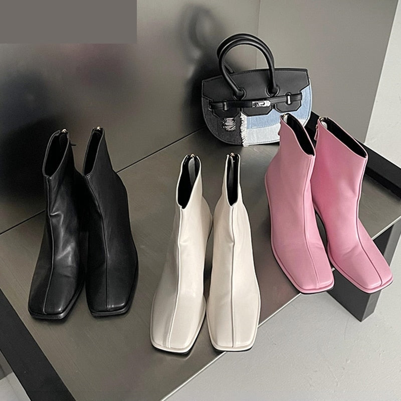 Fashion Ankle Boots Square Toe Simple Back Zipper Soft Leather Chelsea Boots Sexy Spring Autumn