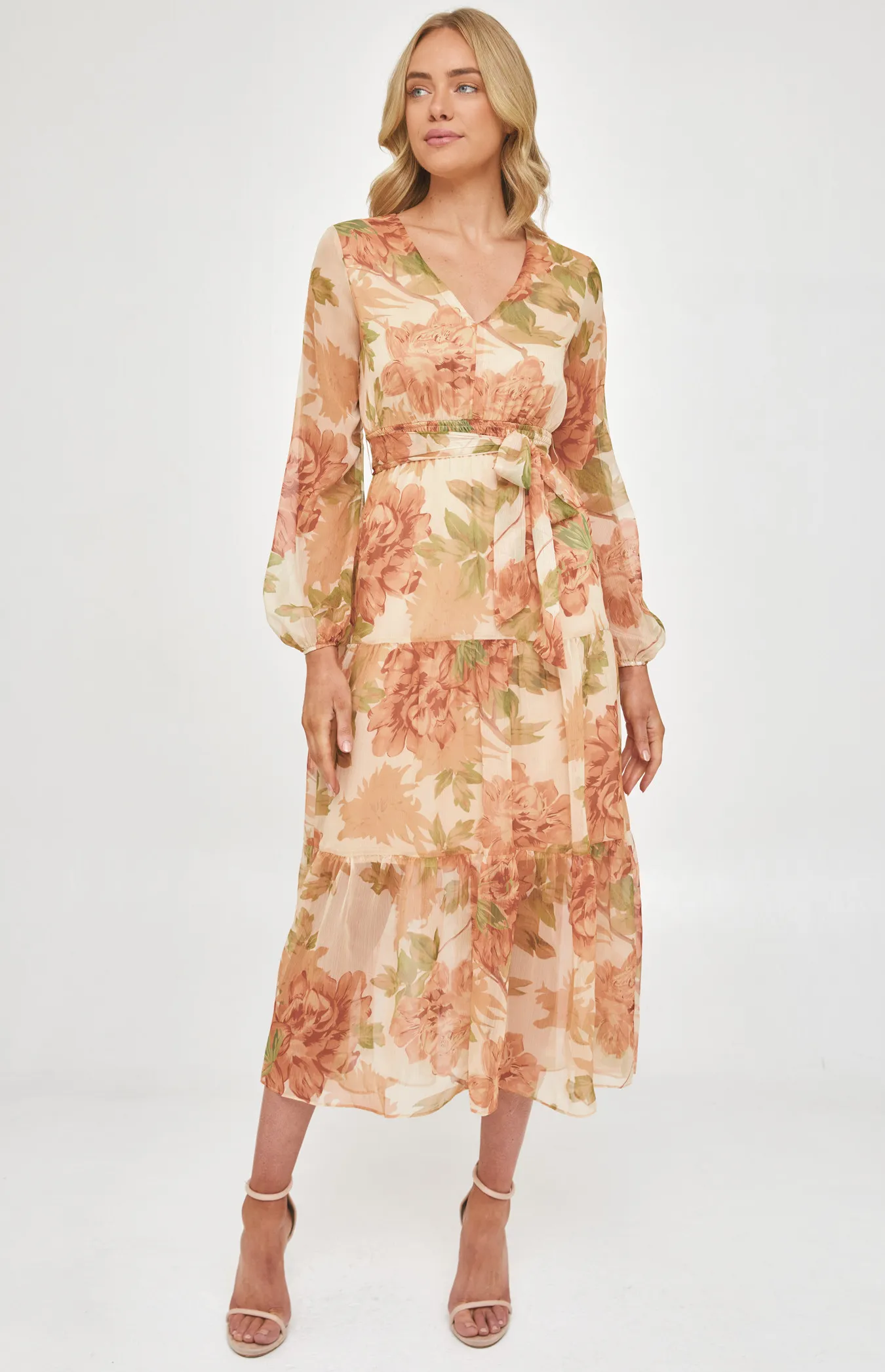 Floral Chiffon Maxi Dress with Tiered Hem (ADR1160B) 