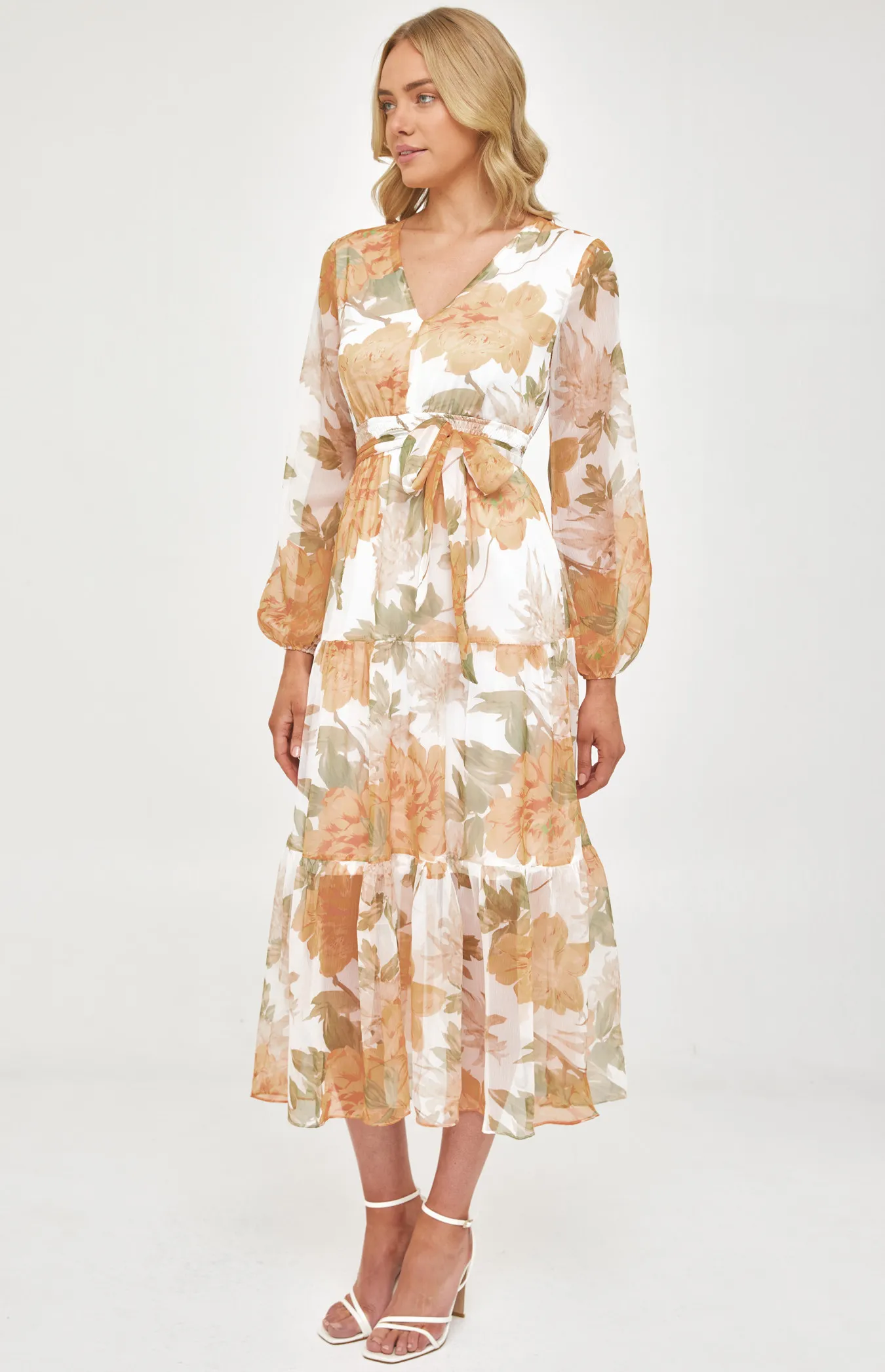 Floral Chiffon Maxi Dress with Tiered Hem (ADR1160B) 