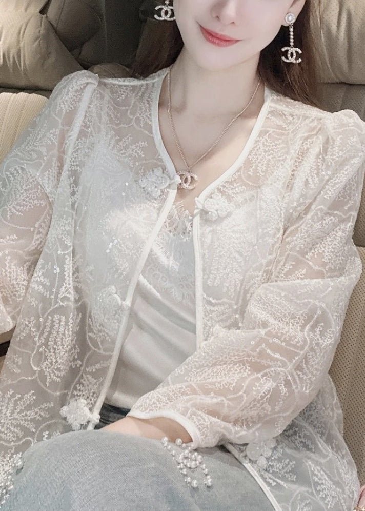 French White Embroidered Button Sequins Lace Coat Summer QA1038