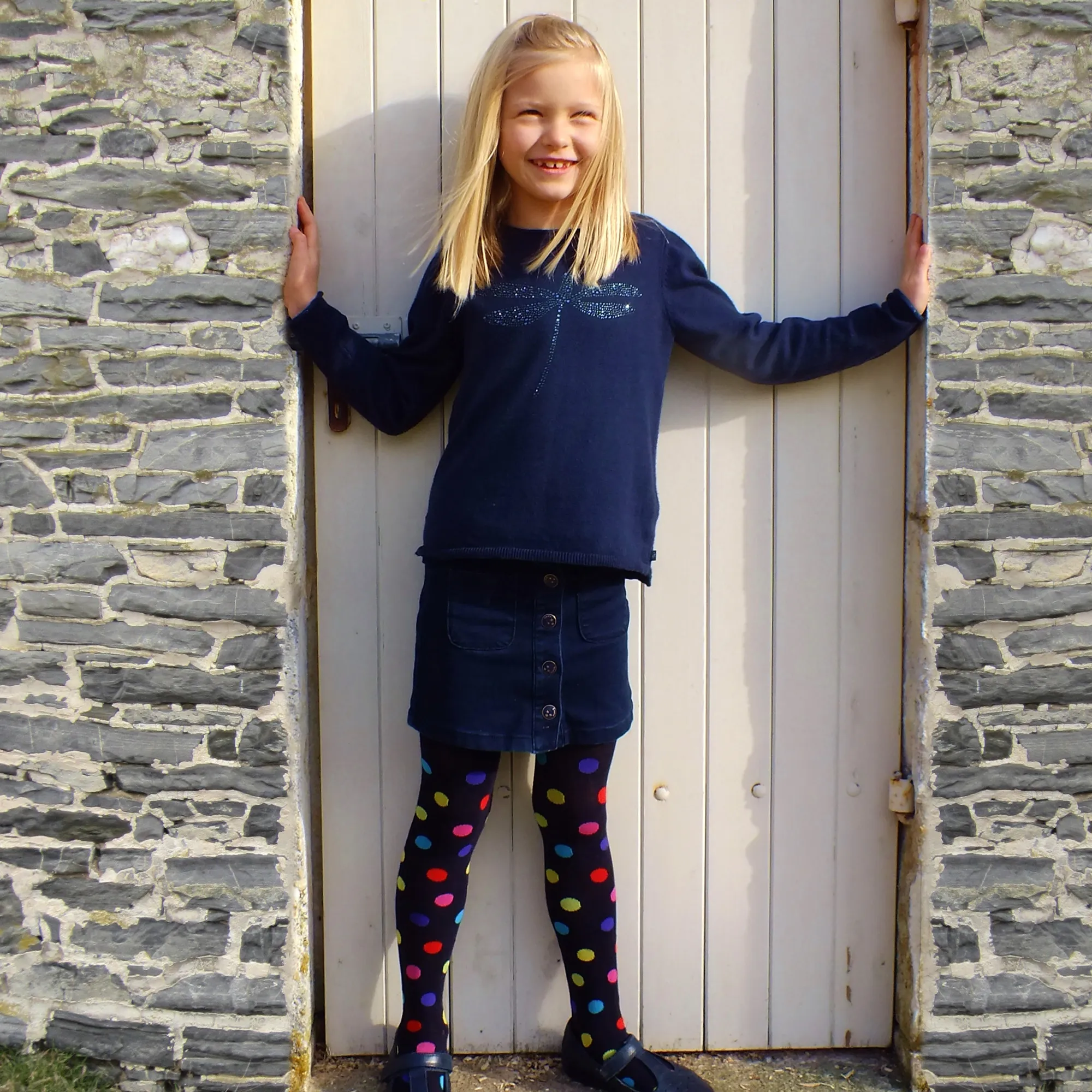 Girls Navy Blue Cotton Knitted Tights