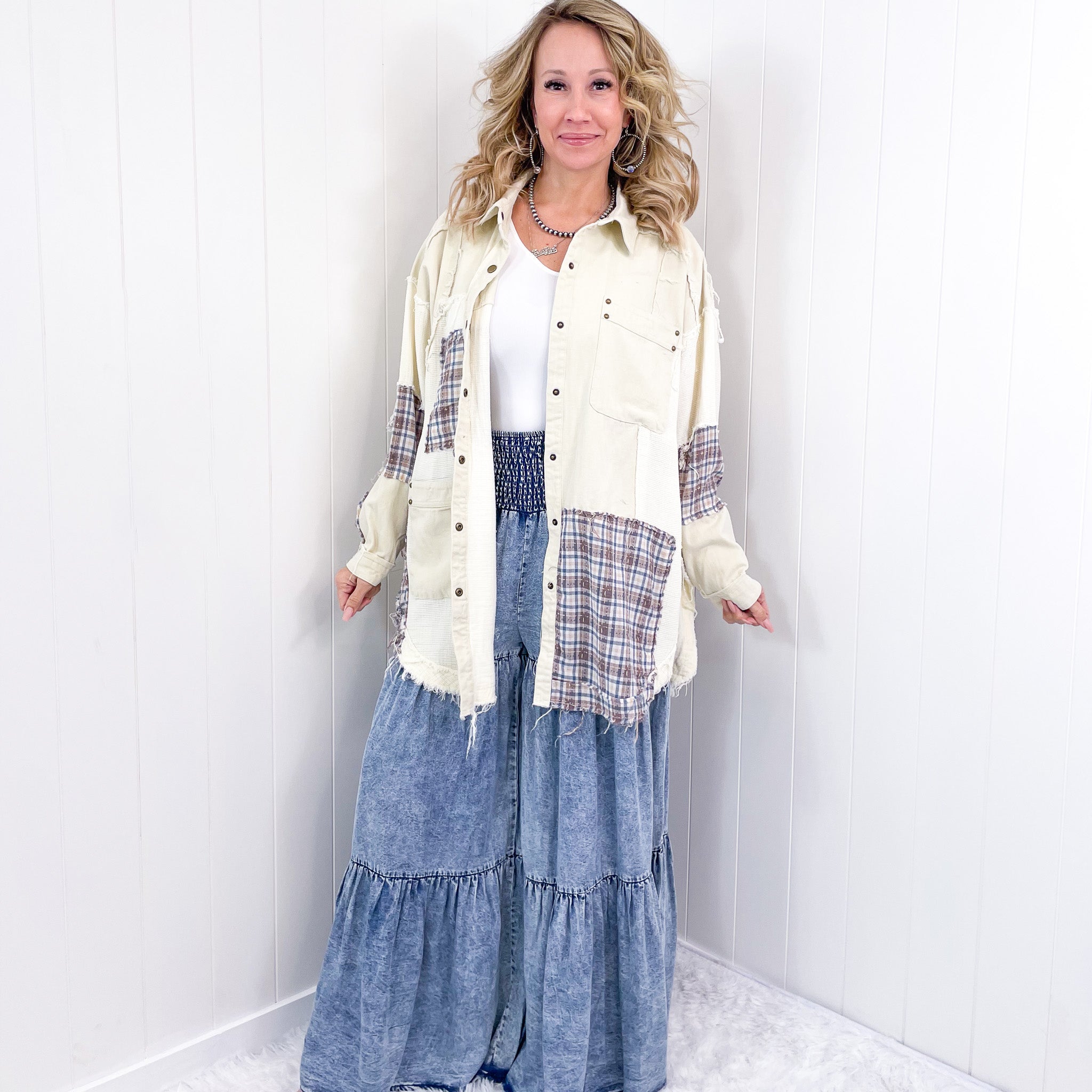 Hiding in Dallas Blue Plaid and Cream Snap Button Longline Top