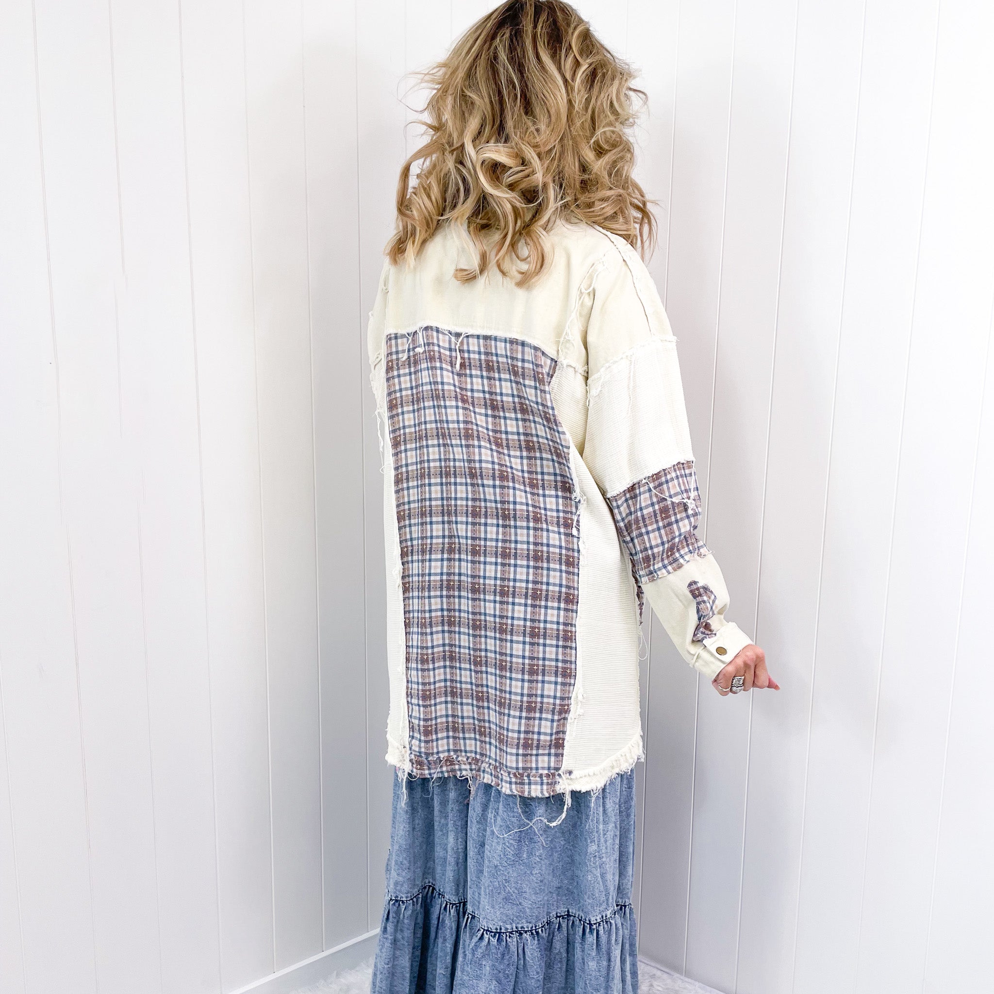 Hiding in Dallas Blue Plaid and Cream Snap Button Longline Top