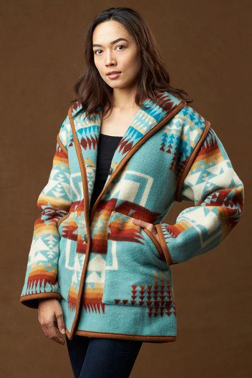 Kraff's Reversible Wool Car Coat, Chief Joseph, Aqua