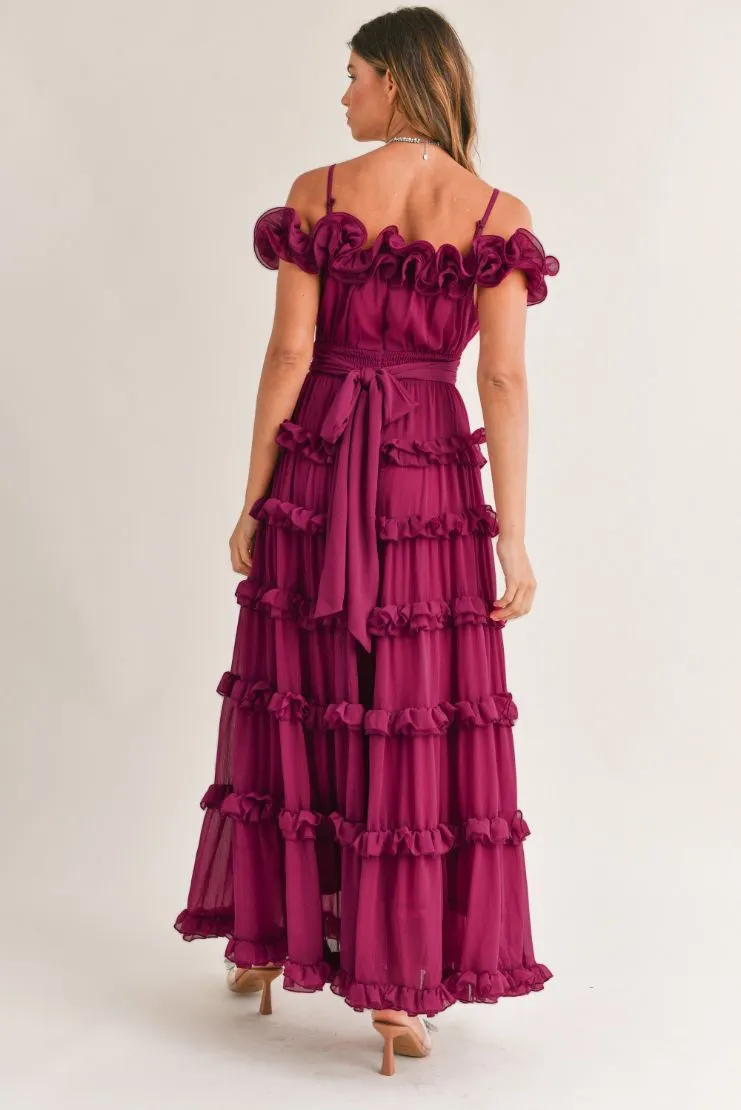 Leylani Berry Ruffle Tiered Maxi Dress