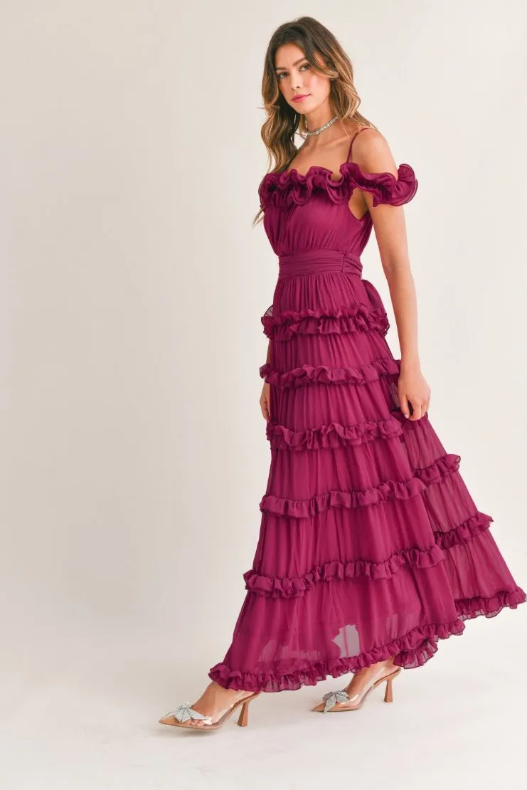 Leylani Berry Ruffle Tiered Maxi Dress