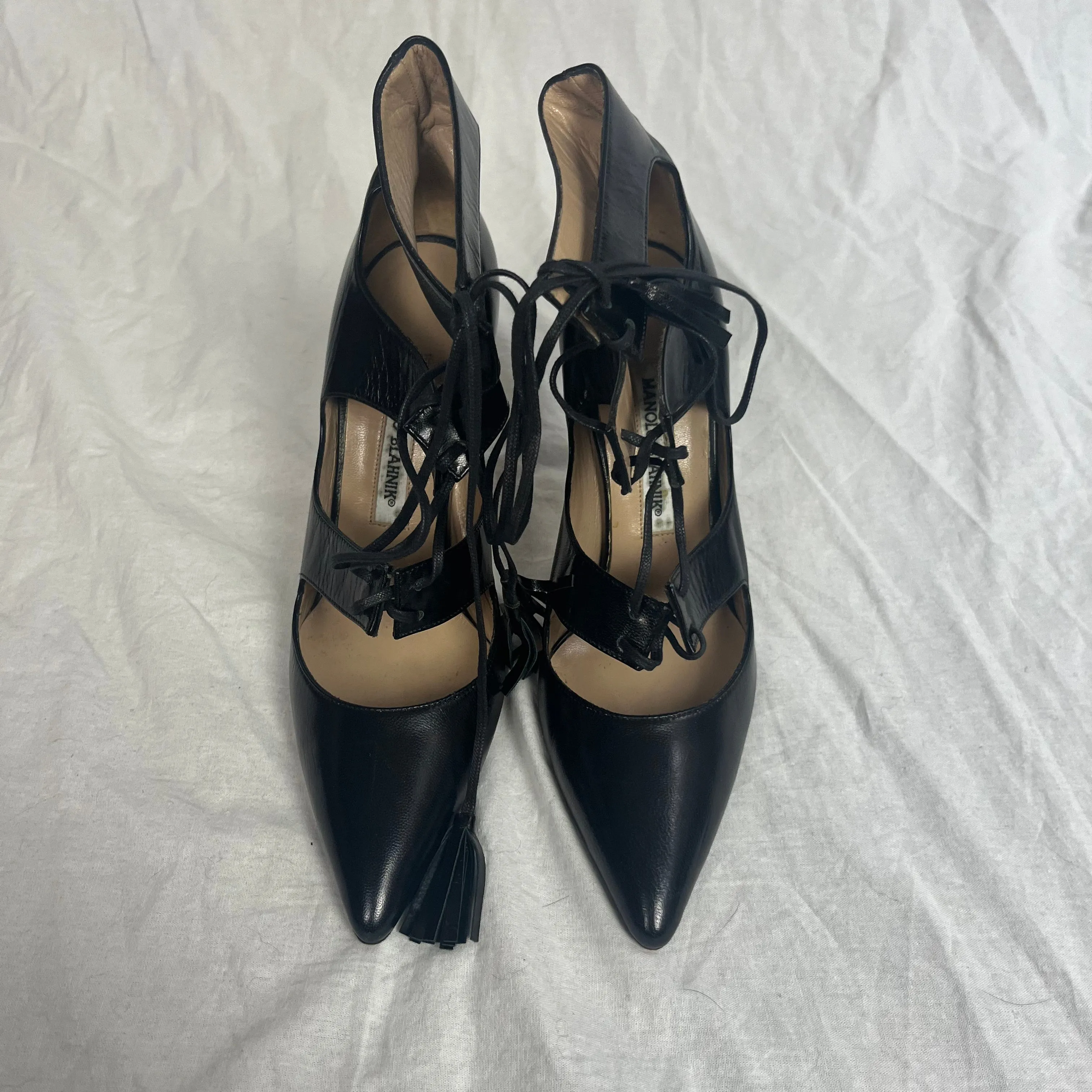 Manolo Blahnik Black Three Strap Tie-Up Heels 37.5