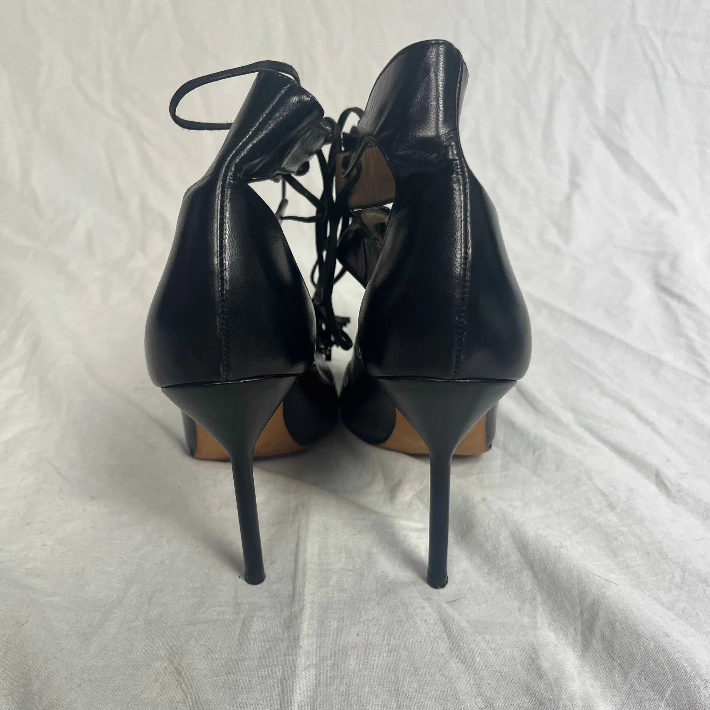 Manolo Blahnik Black Three Strap Tie-Up Heels 37.5