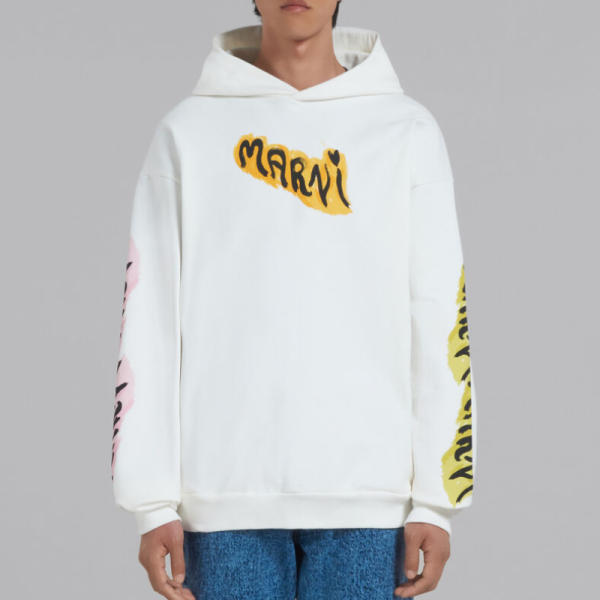 MARNI  |White bio cotton hoodie with graffiti prints