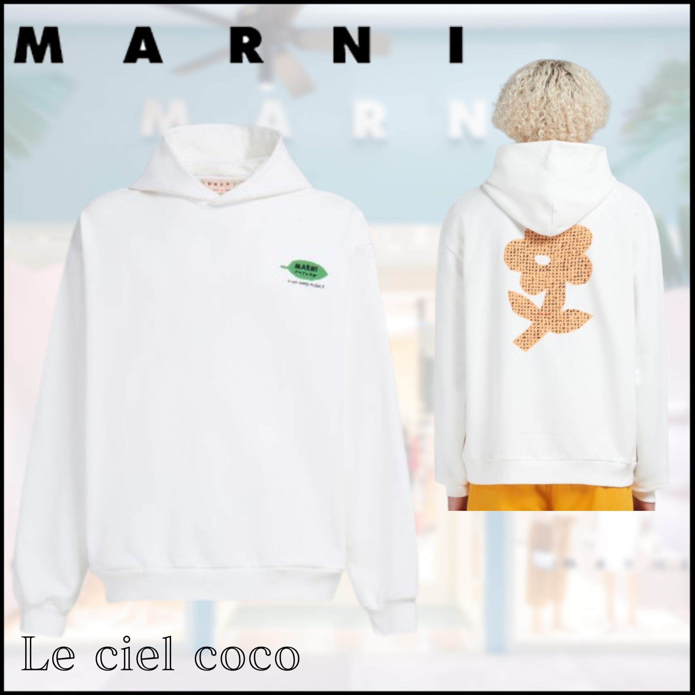 MARNI  |White bio cotton hoodie with wordsearch flower print