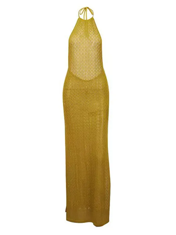 Momnfancy Yellow Knitting Cut Out Backless Slit Halter Neck Baby Shower Prom Maternity Maxi Dress