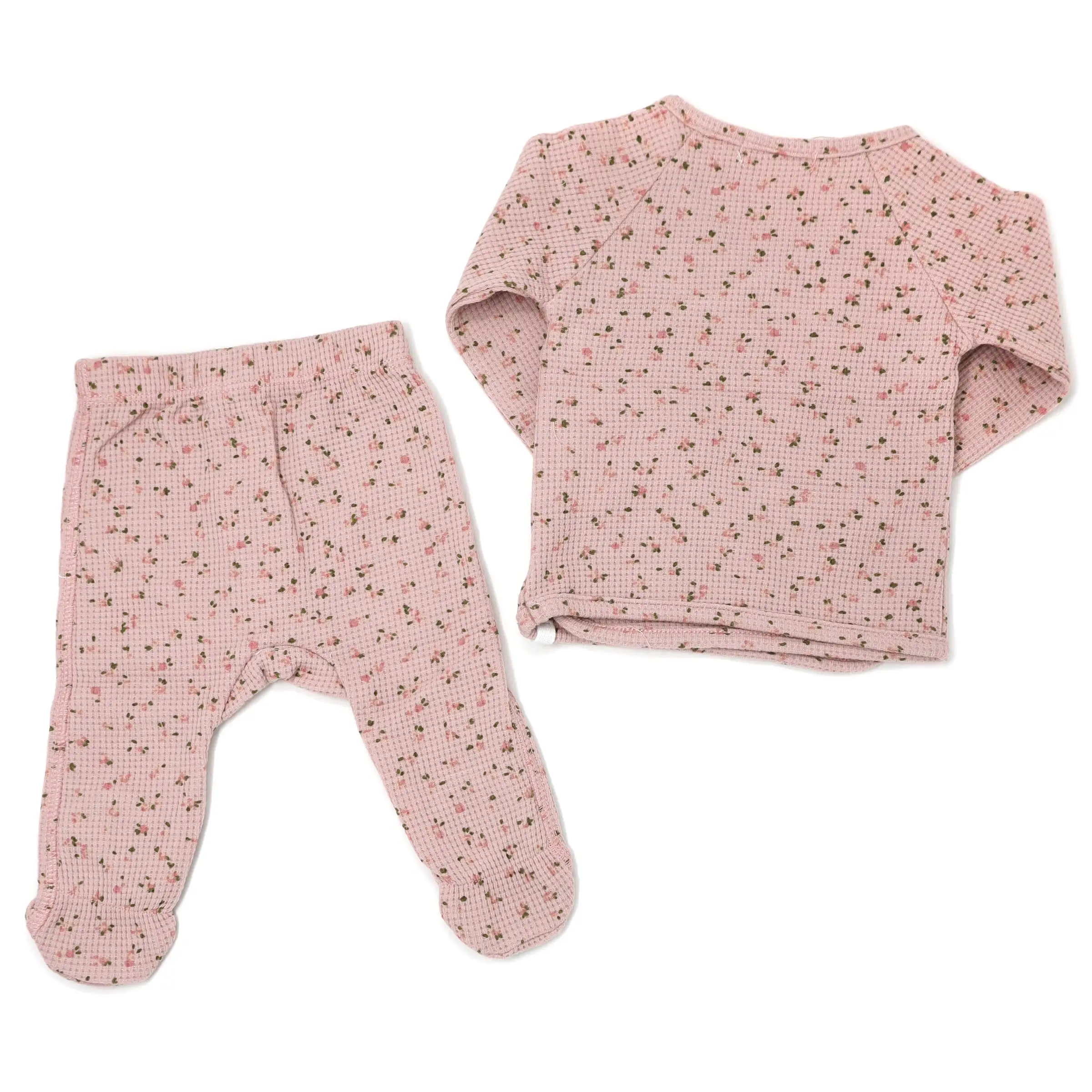 oh baby! Kimono Two Piece Footie Set - Waffle Knit - Roses - Blush