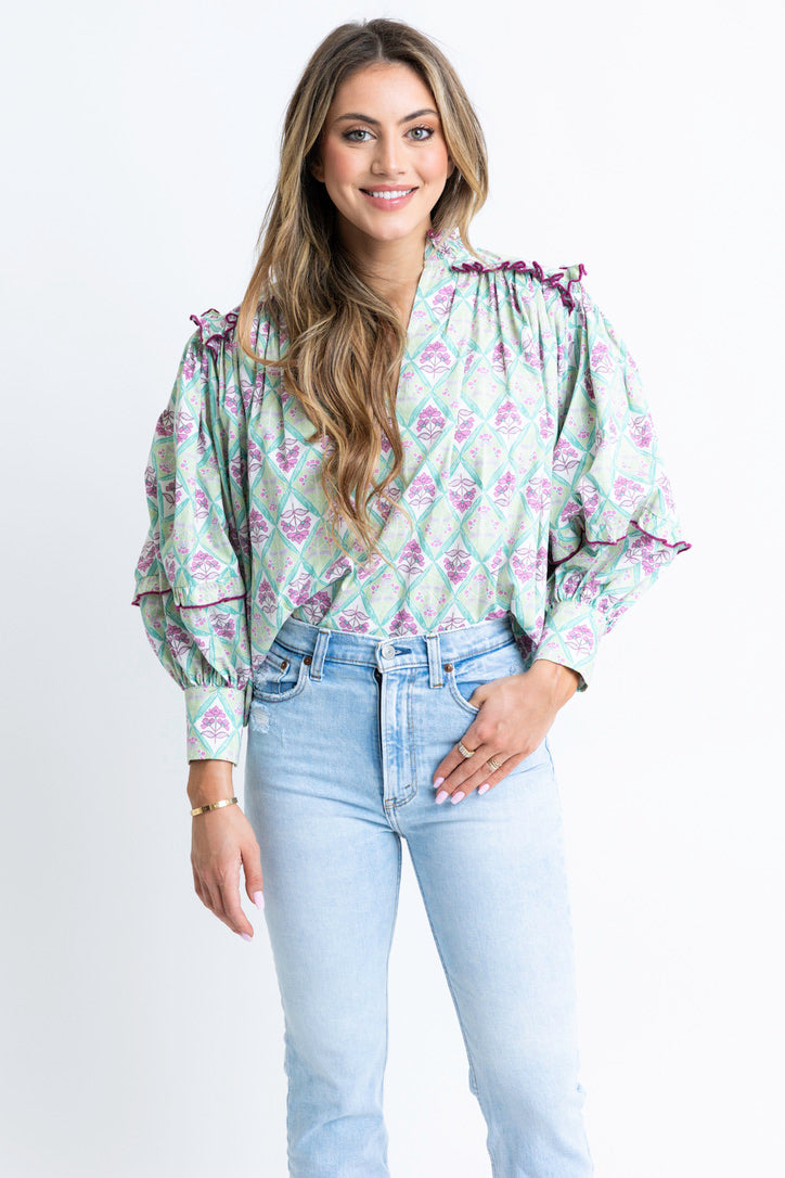 Paris Floral Poplin Ruffle Top