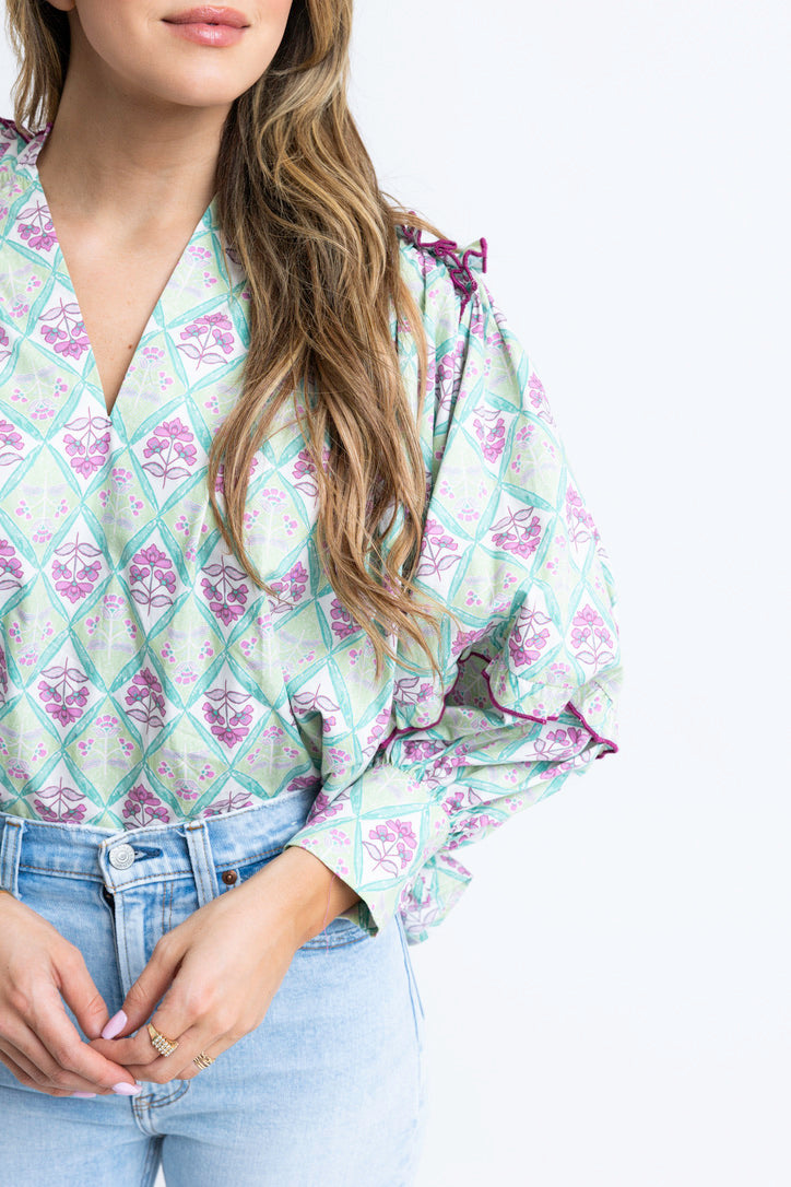 Paris Floral Poplin Ruffle Top