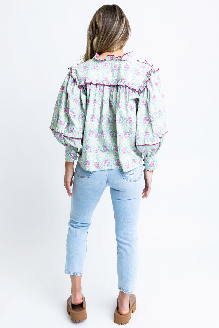 Paris Floral Poplin Ruffle Top