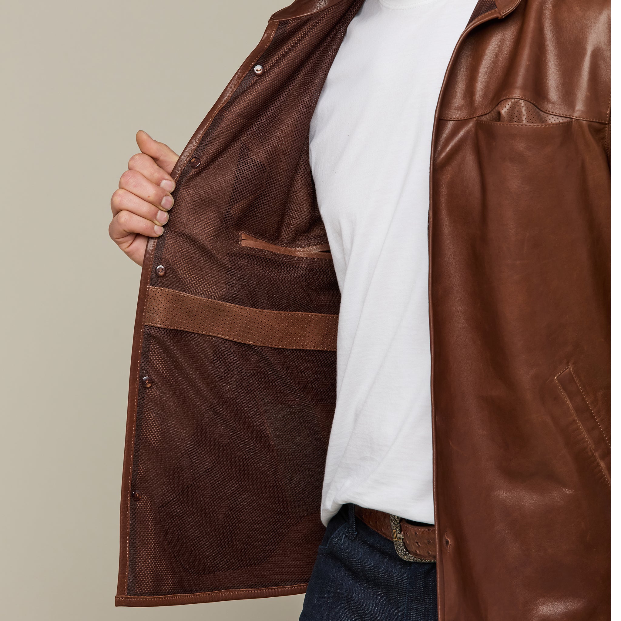 Perforated Lightweight Lambskin Jacket :: Whiskey