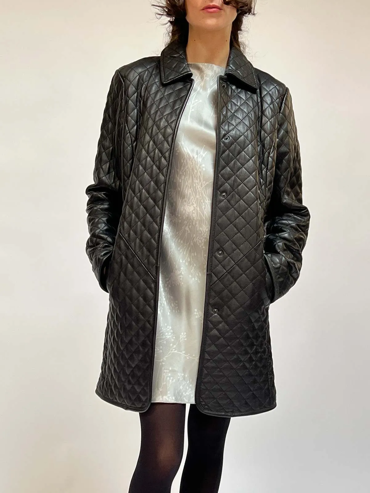 Quilted Leather Coat - Black