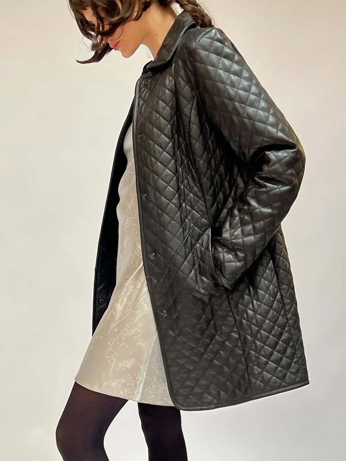 Quilted Leather Coat - Black