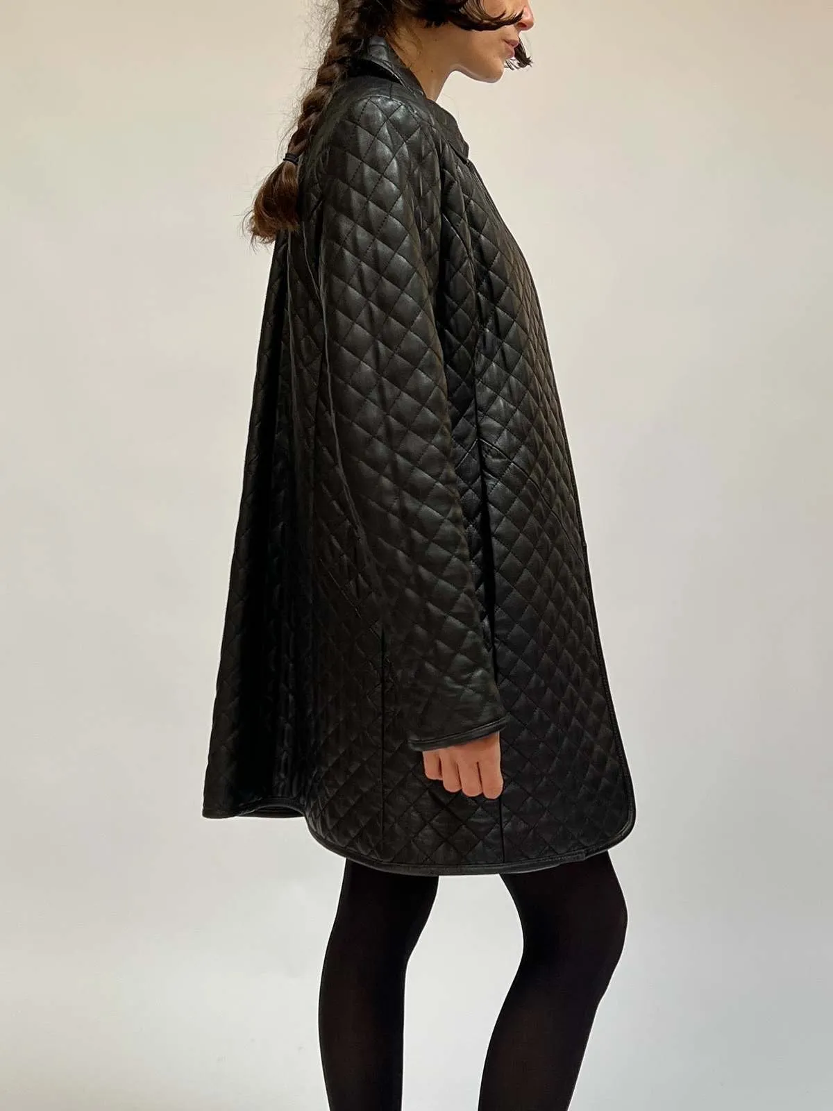 Quilted Leather Coat - Black