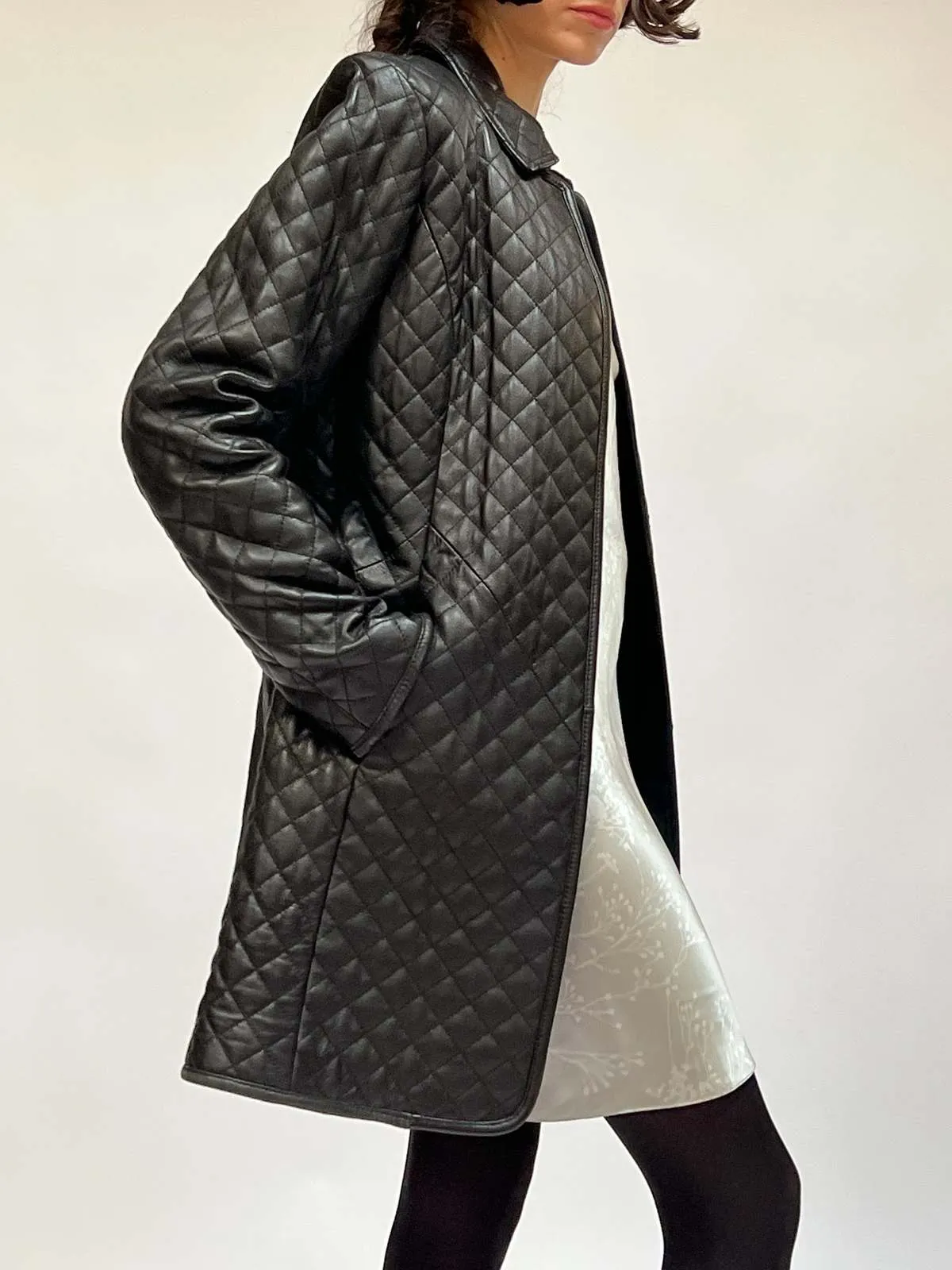 Quilted Leather Coat - Black