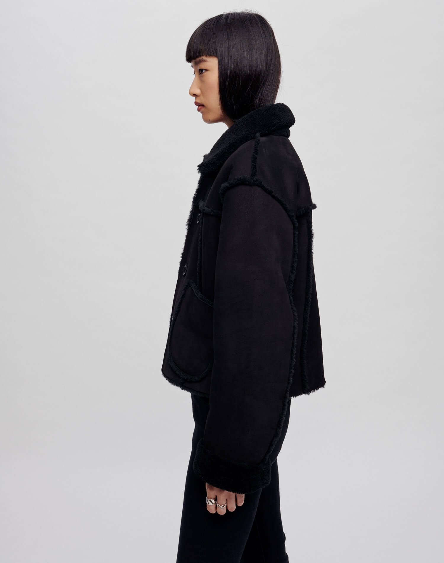 Reversible Shearling Boxy Jacket - Black Shearling