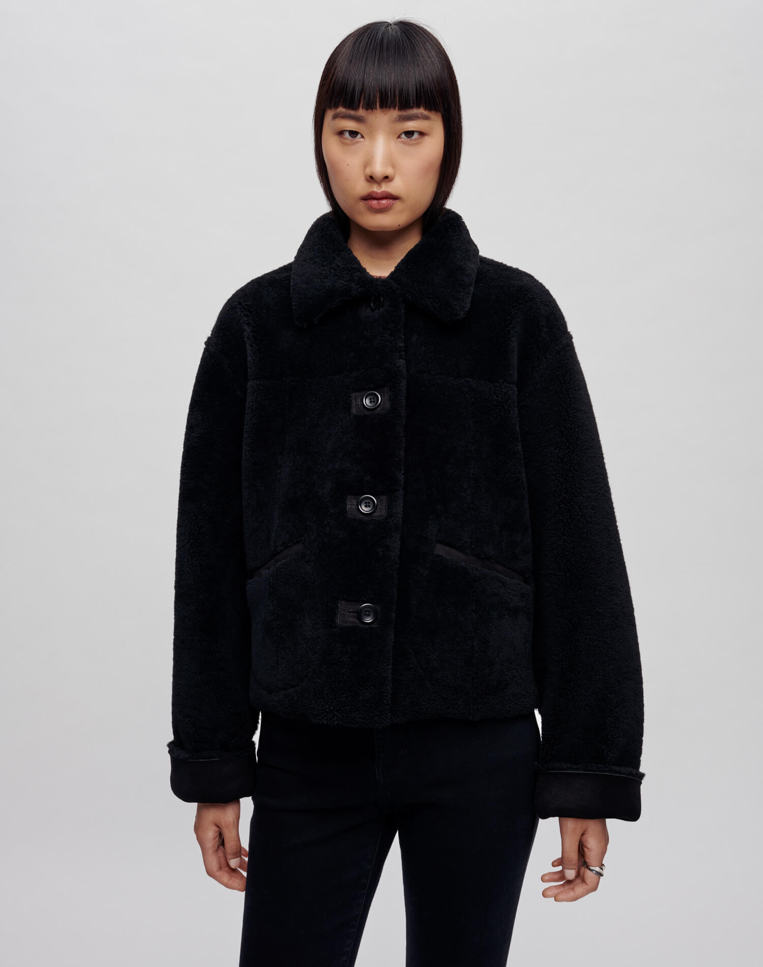 Reversible Shearling Boxy Jacket - Black Shearling