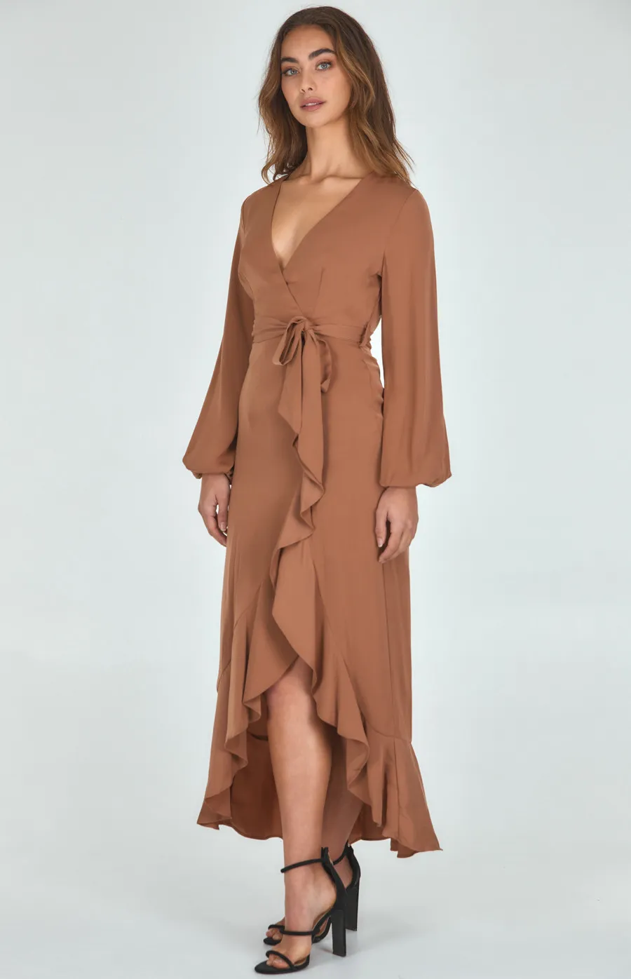 Satin Cross Front Long Sleeve Dress with Waterfall Hemline (SDR1060A)