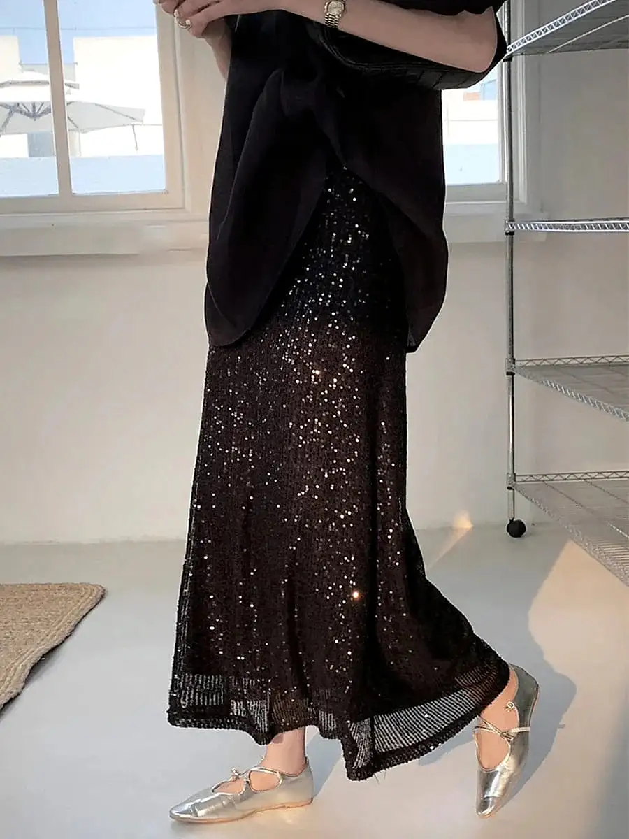 Shimmering Sequin Maxi Skirt for Women - Black Apricot High Waist Elegant Party Wear in S M Sizes